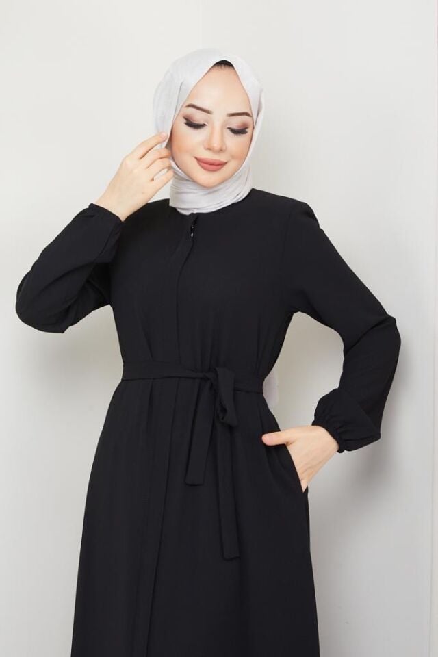 BELDEN KUŞAKLI SADE ŞIK PETEK KUMAŞ FERACE