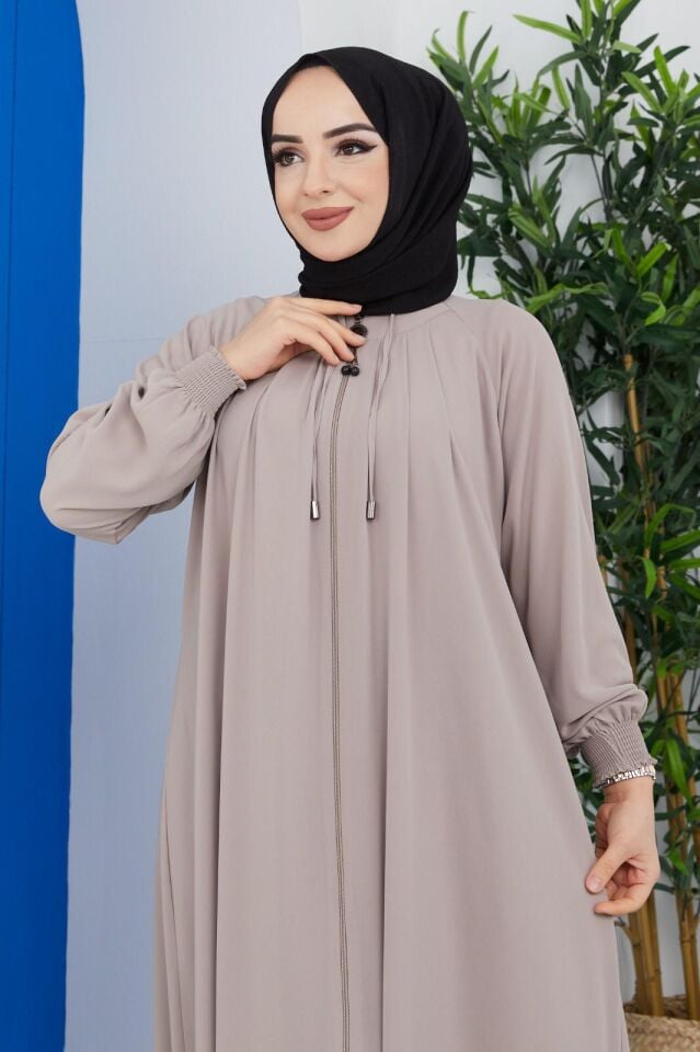 ÖN VE ARKA KISMI ROBALI, ŞIK , KOLU LASTİKLİ RAHAT KALIB YAZLIK RABİA KREP FERACE