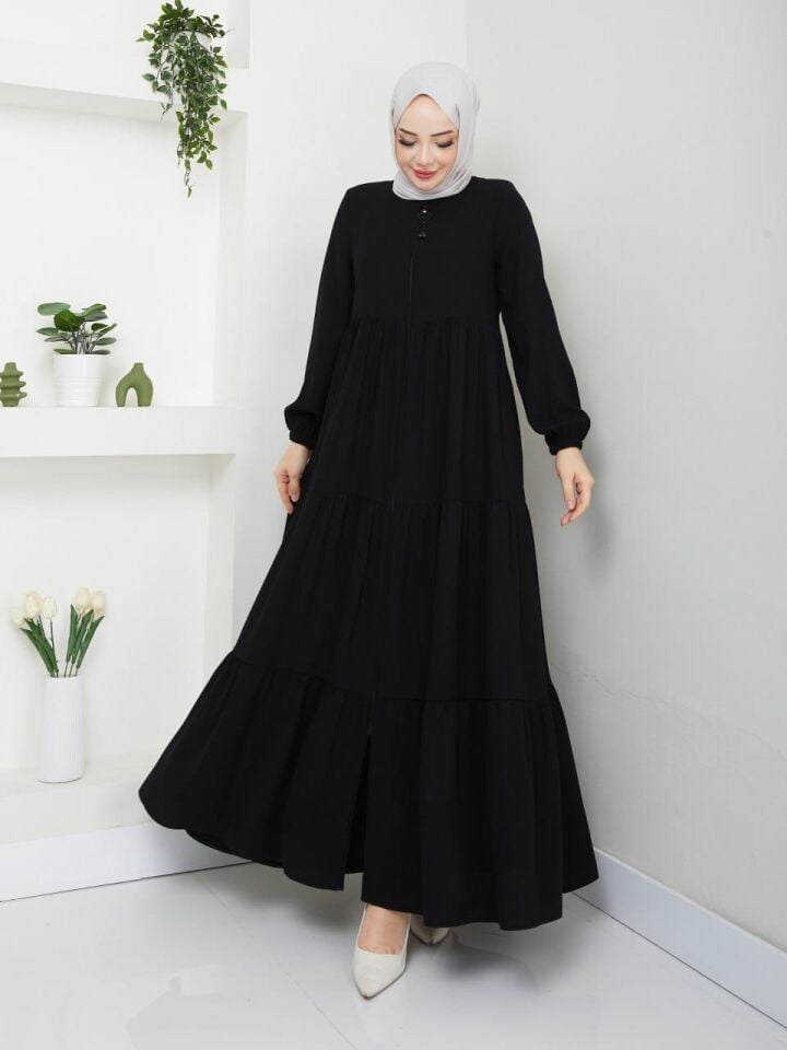 YENİ SEZON FIRFIR DETAYLI TARZ RABİA KREP SİYAH YAZLIK FERACE