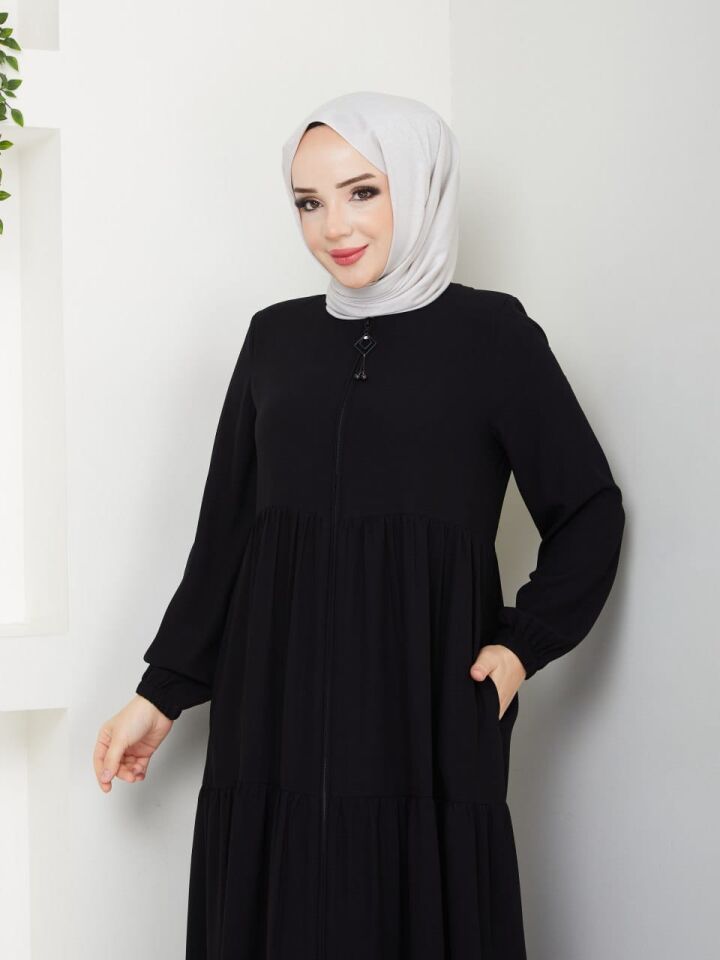 YENİ SEZON FIRFIR DETAYLI TARZ RABİA KREP SİYAH YAZLIK FERACE