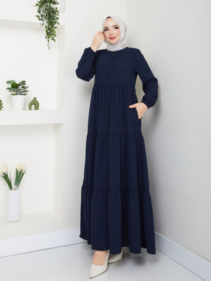 YENİ SEZON FIRFIR DETAYLI TARZ RABİA KREP LACİVERT YAZLIK FERACE