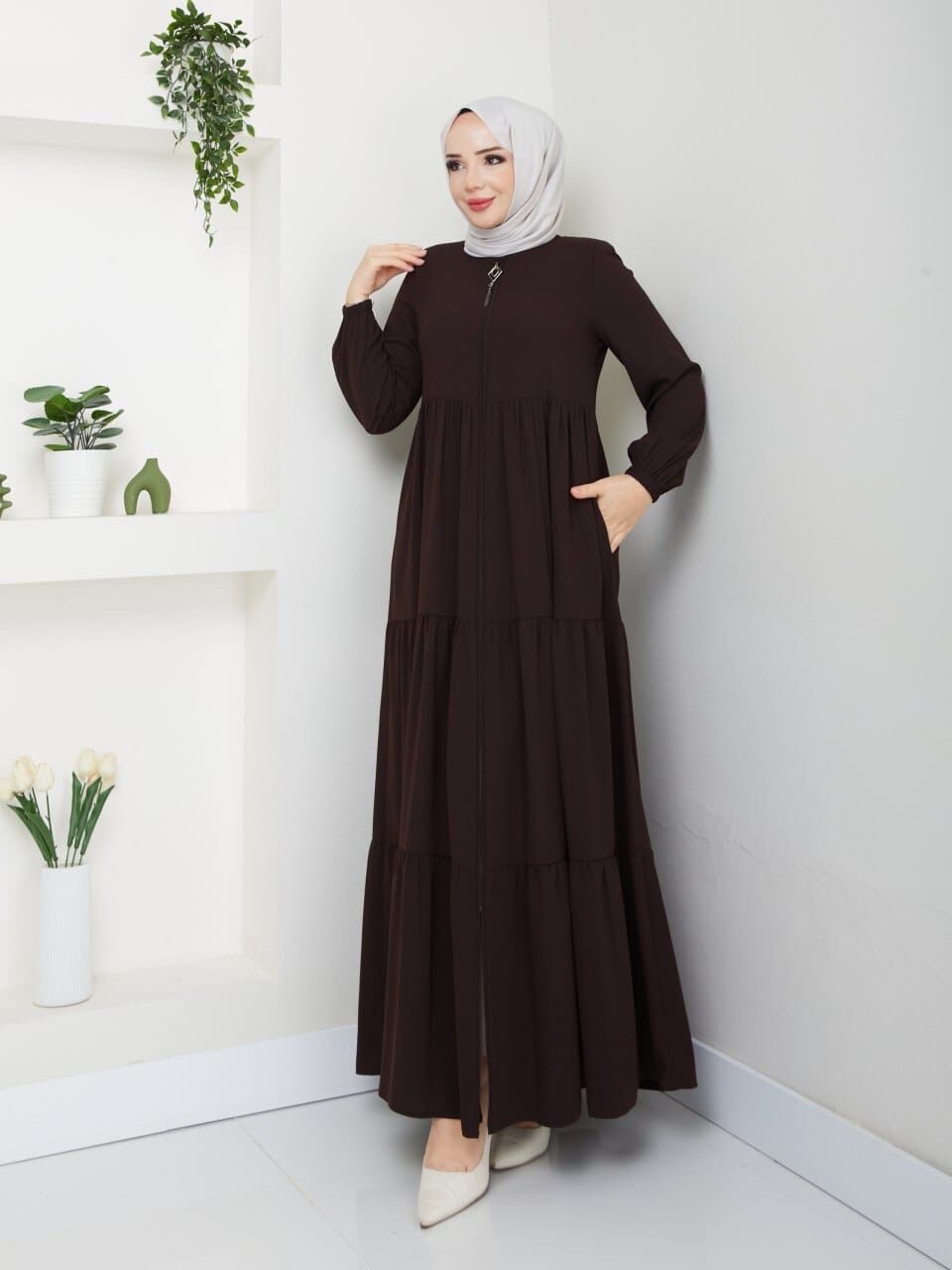 YENİ SEZON FIRFIR DETAYLI TARZ RABİA KREP KAHVERENGİ YAZLIK FERACE