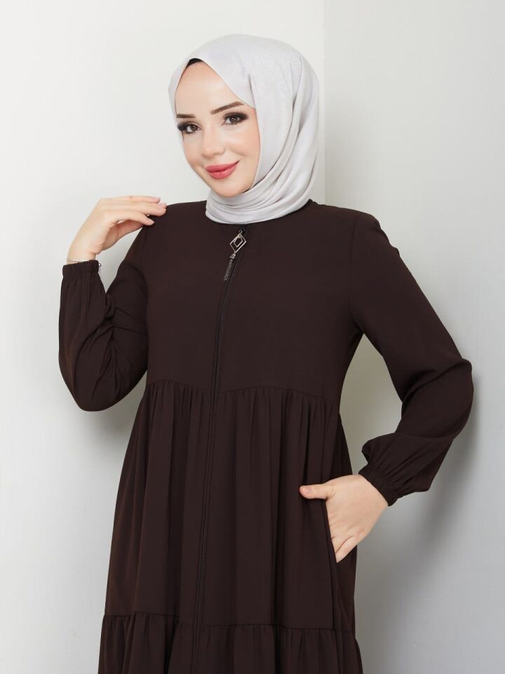 YENİ SEZON FIRFIR DETAYLI TARZ RABİA KREP KAHVERENGİ YAZLIK FERACE