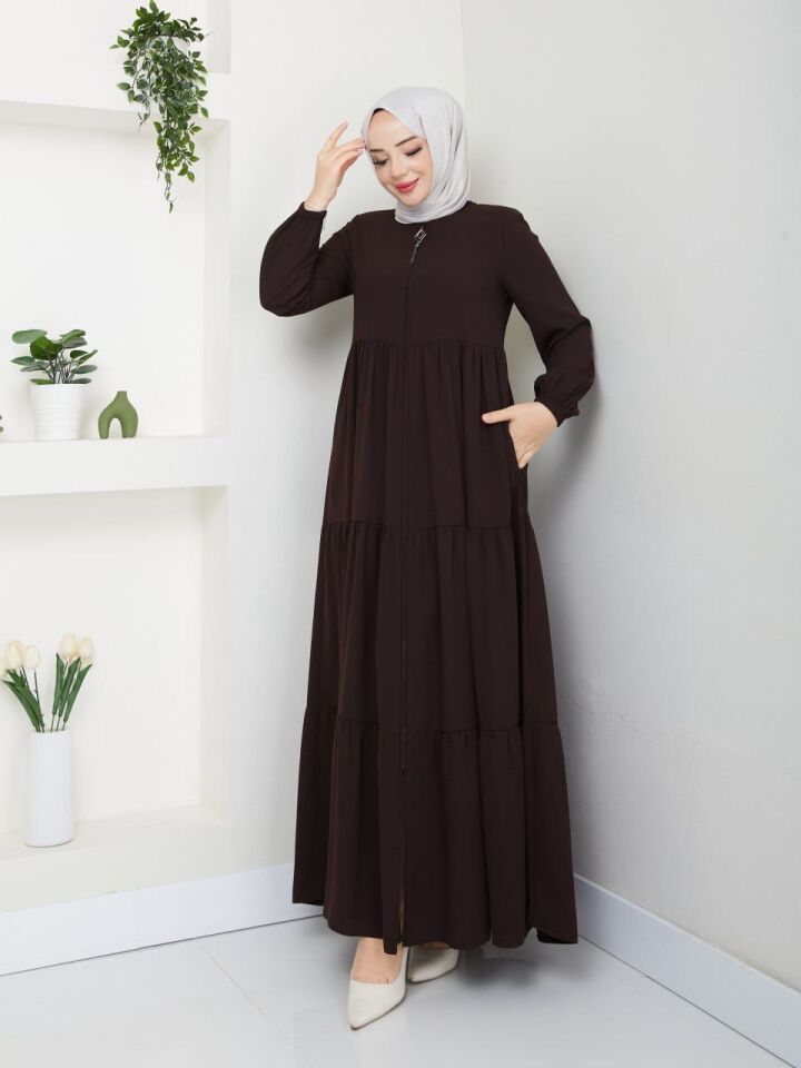 YENİ SEZON FIRFIR DETAYLI TARZ RABİA KREP KAHVERENGİ YAZLIK FERACE