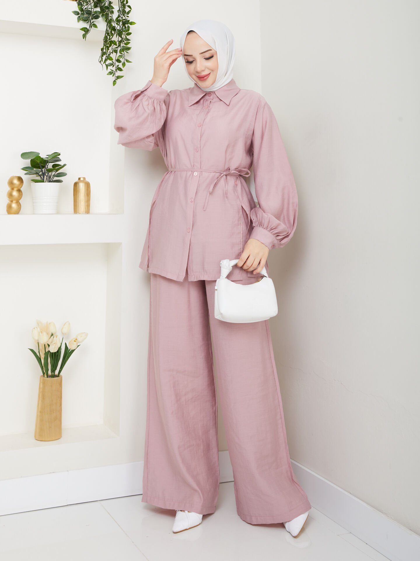 YÜKSEK KALİTE ÖZEL TASARIM SALAŞ TESETTÜR ALT ÜST İKİLİ TAKIM PUDRA