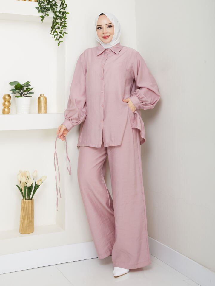 YÜKSEK KALİTE ÖZEL TASARIM SALAŞ TESETTÜR ALT ÜST İKİLİ TAKIM PUDRA