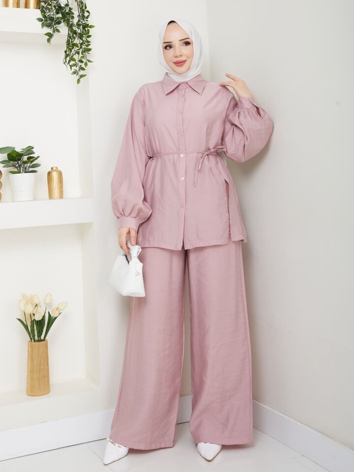 YÜKSEK KALİTE ÖZEL TASARIM SALAŞ TESETTÜR ALT ÜST İKİLİ TAKIM PUDRA