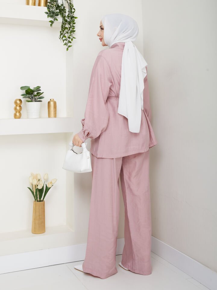 YÜKSEK KALİTE ÖZEL TASARIM SALAŞ TESETTÜR ALT ÜST İKİLİ TAKIM PUDRA