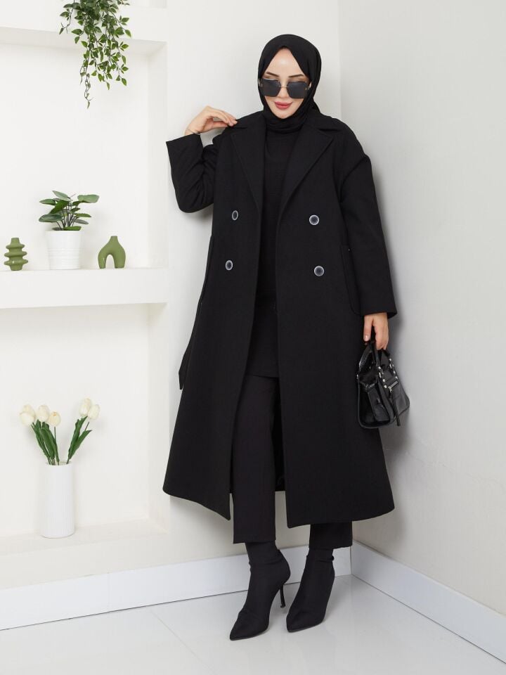 YÜKSEK KALİTE UZUN ASTARLI KALIN SEYYAR KEMERLİ SİYAH  KAŞE KABAN