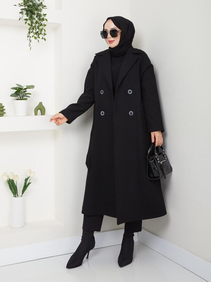 YÜKSEK KALİTE UZUN ASTARLI KALIN SEYYAR KEMERLİ SİYAH  KAŞE KABAN