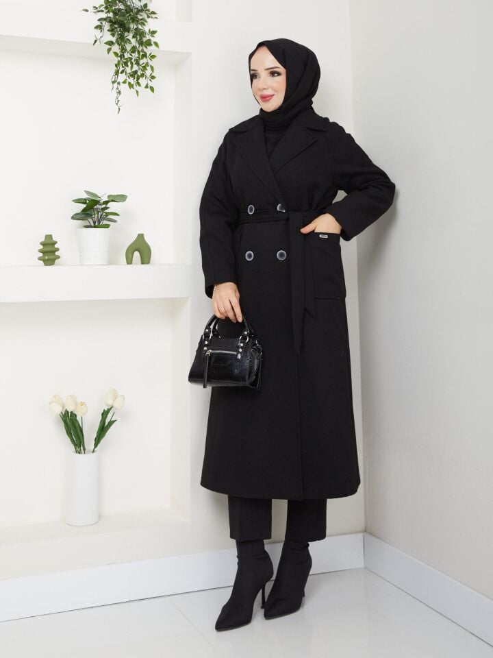 YÜKSEK KALİTE UZUN ASTARLI KALIN SEYYAR KEMERLİ SİYAH  KAŞE KABAN