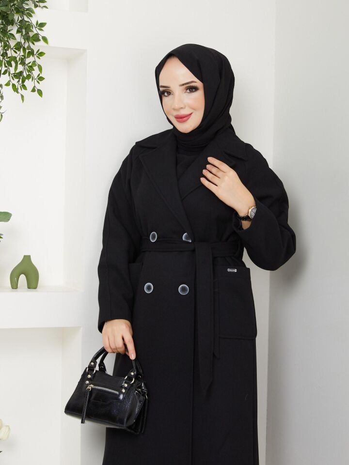 YÜKSEK KALİTE UZUN ASTARLI KALIN SEYYAR KEMERLİ SİYAH  KAŞE KABAN