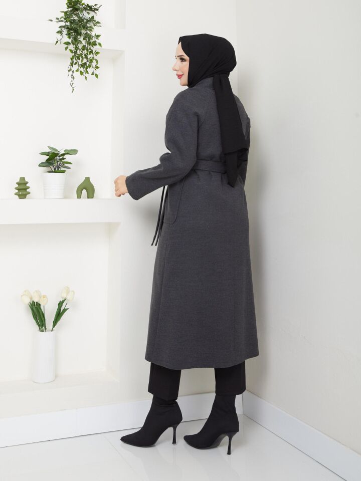 YÜKSEK KALİTE UZUN ASTARLI KALIN SEYYAR KEMERLİ ANTRASİT   KAŞE KABAN