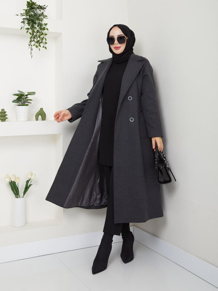 YÜKSEK KALİTE UZUN ASTARLI KALIN SEYYAR KEMERLİ ANTRASİT   KAŞE KABAN