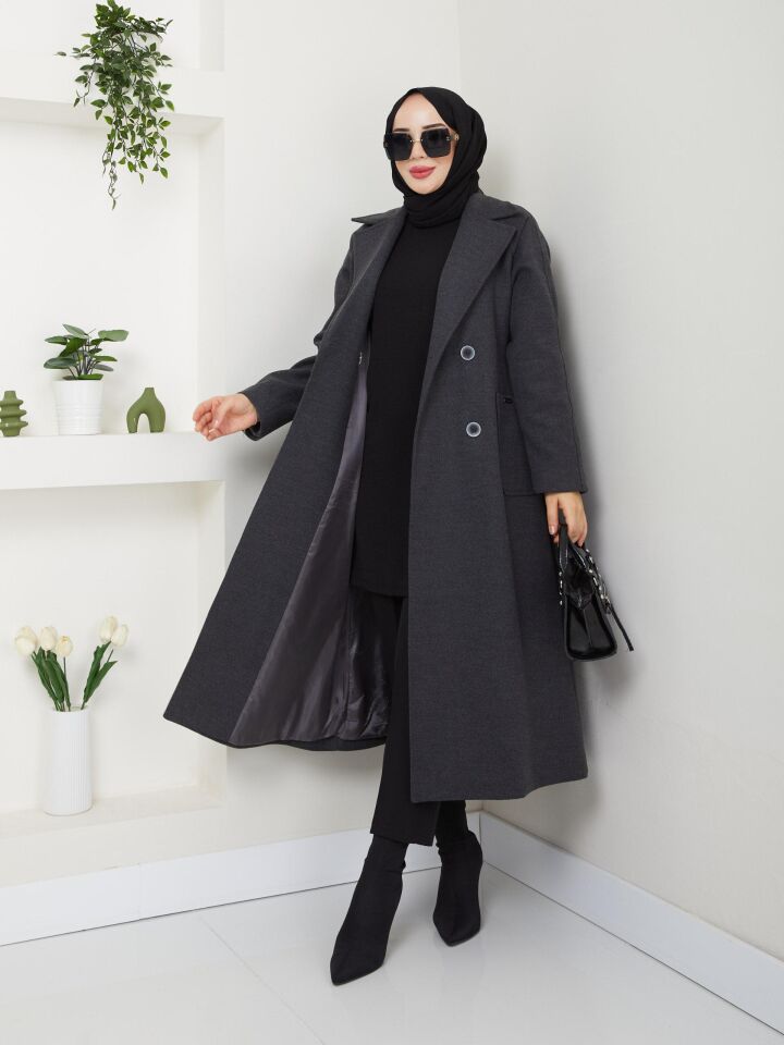 YÜKSEK KALİTE UZUN ASTARLI KALIN SEYYAR KEMERLİ ANTRASİT   KAŞE KABAN