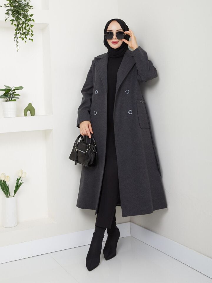 YÜKSEK KALİTE UZUN ASTARLI KALIN SEYYAR KEMERLİ ANTRASİT   KAŞE KABAN