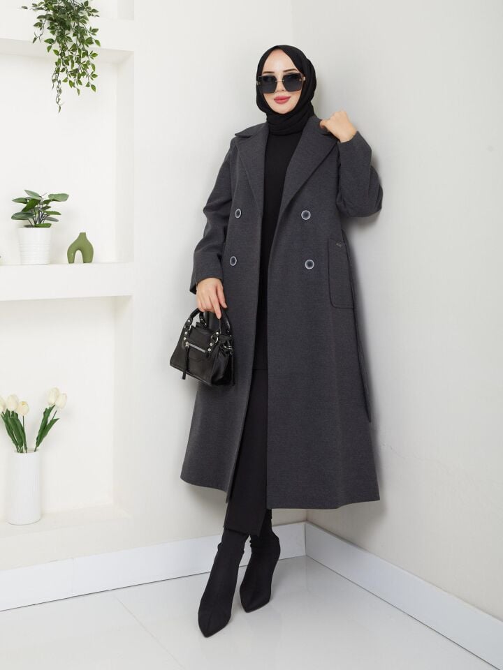 YÜKSEK KALİTE UZUN ASTARLI KALIN SEYYAR KEMERLİ ANTRASİT   KAŞE KABAN