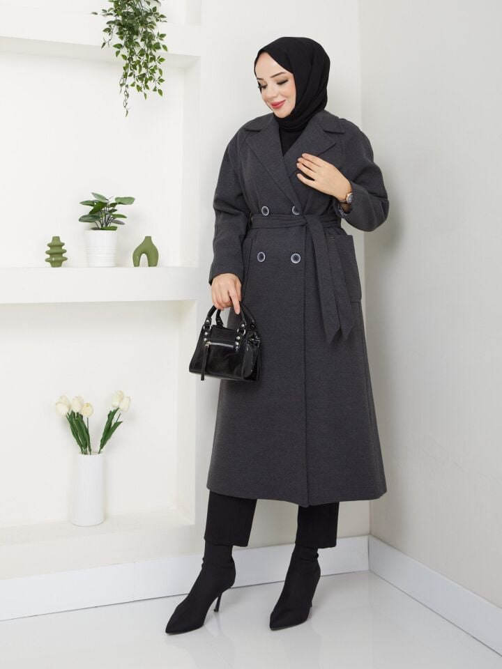 YÜKSEK KALİTE UZUN ASTARLI KALIN SEYYAR KEMERLİ ANTRASİT   KAŞE KABAN