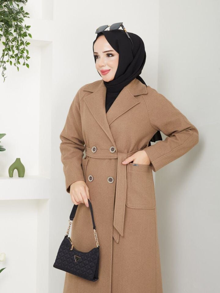 YÜKSEK KALİTE UZUN ASTARLI KALIN SEYYAR KEMERLİ CAMEL   KAŞE KABAN