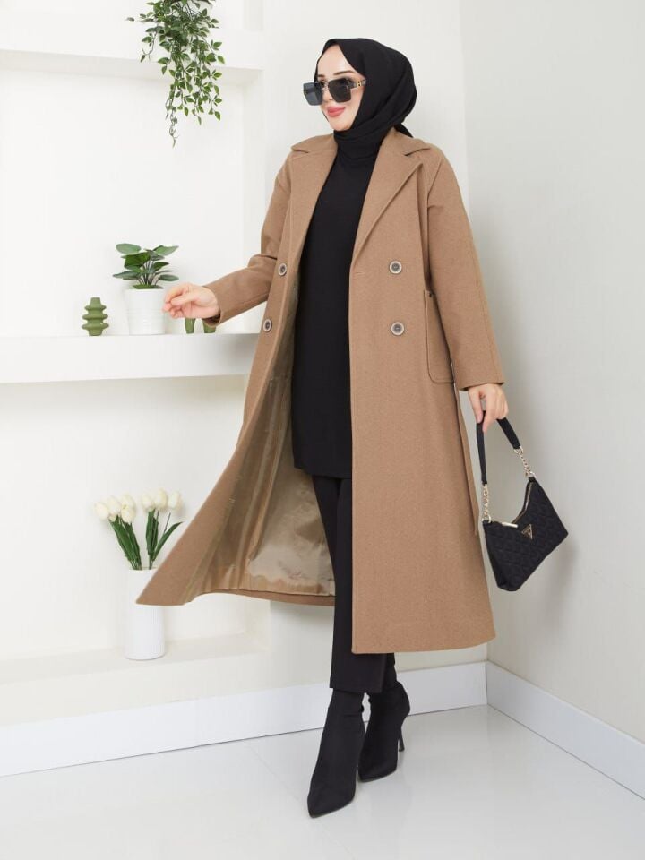 YÜKSEK KALİTE UZUN ASTARLI KALIN SEYYAR KEMERLİ CAMEL   KAŞE KABAN