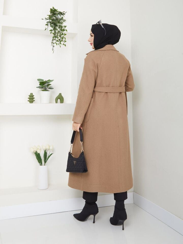 YÜKSEK KALİTE UZUN ASTARLI KALIN SEYYAR KEMERLİ CAMEL   KAŞE KABAN