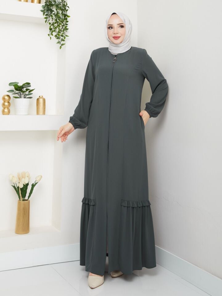 ETEĞİ PİLE DETAYLI  ÖZEL KESİM KOLLARI LASTİKLİ TAMBOY FERMUARLI YAZLIK KALİTELİ  FERACE ANTRASİT GRİ