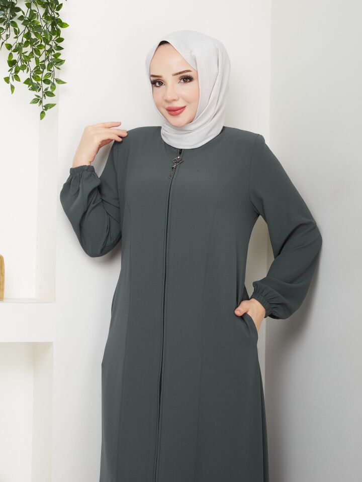 ETEĞİ PİLE DETAYLI  ÖZEL KESİM KOLLARI LASTİKLİ TAMBOY FERMUARLI YAZLIK KALİTELİ  FERACE ANTRASİT GRİ