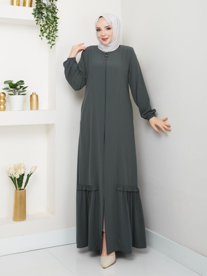 ETEĞİ PİLE DETAYLI  ÖZEL KESİM KOLLARI LASTİKLİ TAMBOY FERMUARLI YAZLIK KALİTELİ  FERACE ANTRASİT GRİ