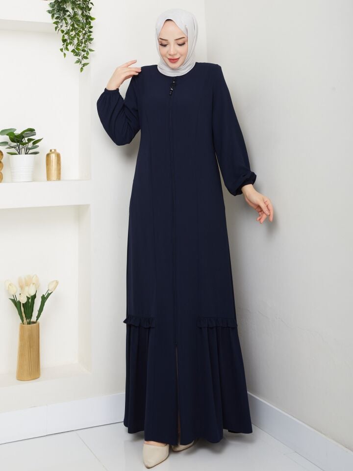 ETEĞİ PİLE DETAYLI  ÖZEL KESİM KOLLARI LASTİKLİ TAMBOY FERMUARLI YAZLIK KALİTELİ  FERACE LACİVERT