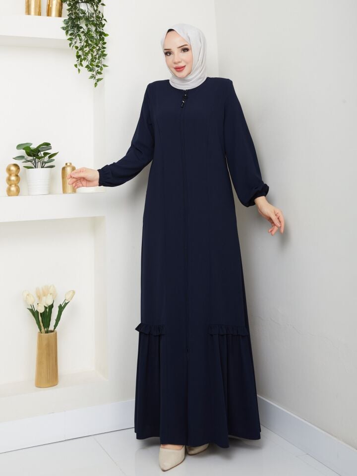 ETEĞİ PİLE DETAYLI  ÖZEL KESİM KOLLARI LASTİKLİ TAMBOY FERMUARLI YAZLIK KALİTELİ  FERACE LACİVERT