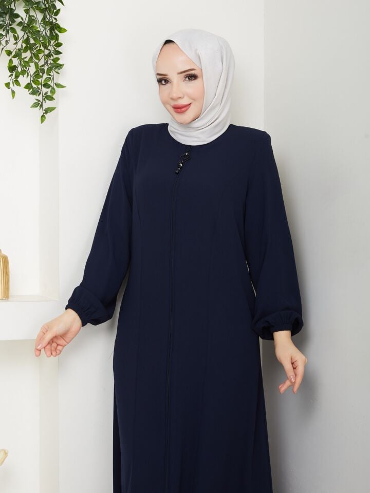 ETEĞİ PİLE DETAYLI  ÖZEL KESİM KOLLARI LASTİKLİ TAMBOY FERMUARLI YAZLIK KALİTELİ  FERACE LACİVERT