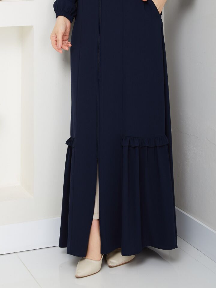 ETEĞİ PİLE DETAYLI  ÖZEL KESİM KOLLARI LASTİKLİ TAMBOY FERMUARLI YAZLIK KALİTELİ  FERACE LACİVERT