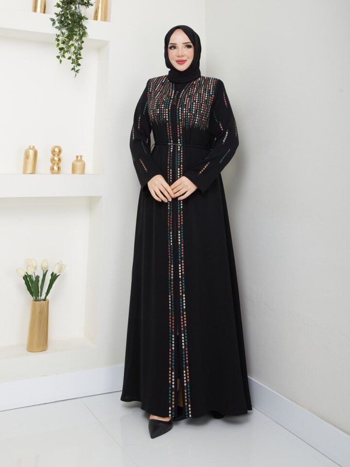 ÖZEL TASARIM İŞLEME VE TAŞ DETAYLI GÖSTERİŞLİ PREMİUM KALİTE TARZ ABAYA