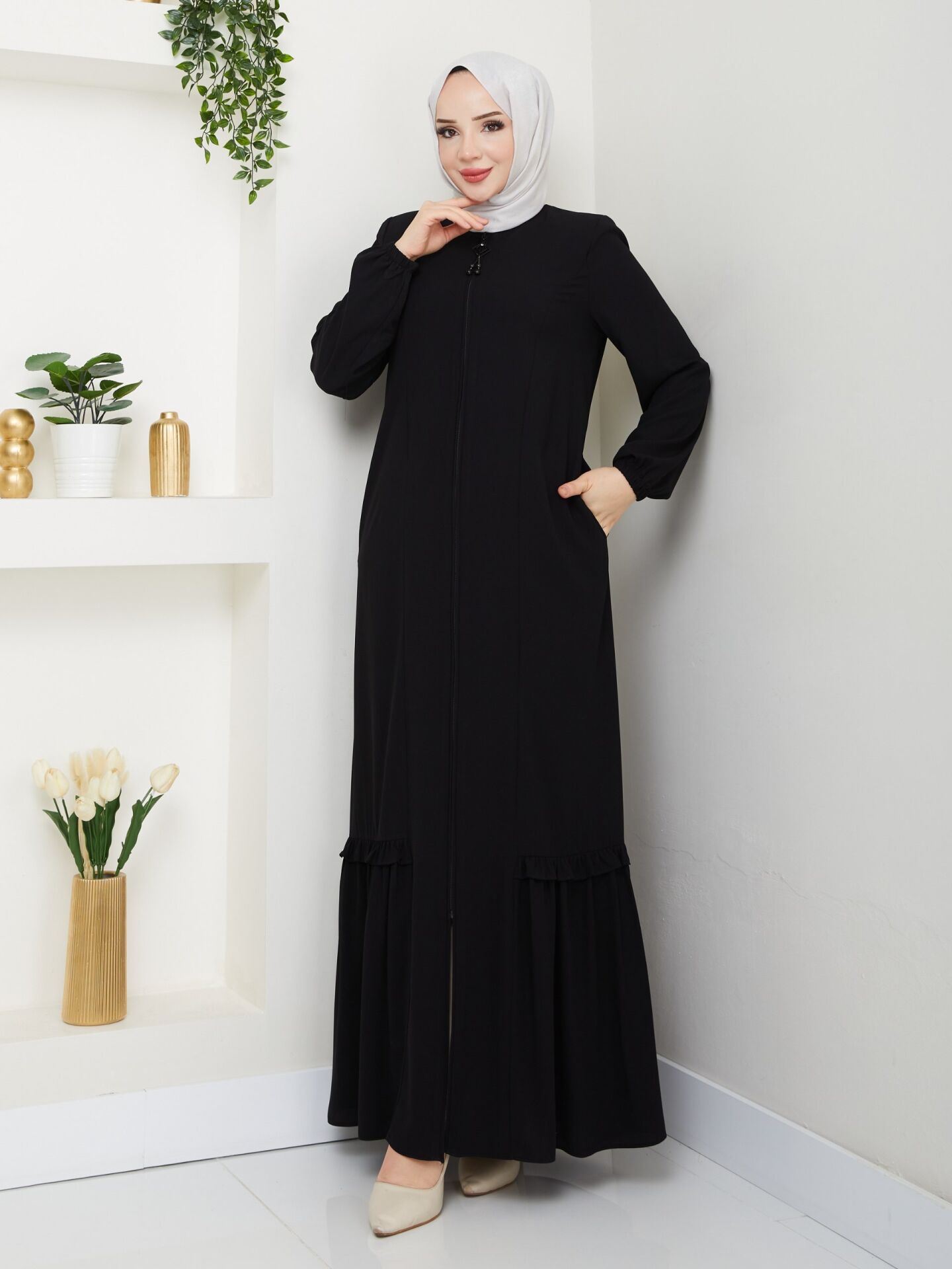 ETEĞİ PİLE DETAYLI  ÖZEL KESİM KOLLARI LASTİKLİ TAMBOY FERMUARLI YAZLIK KALİTELİ  FERACE SİYAH