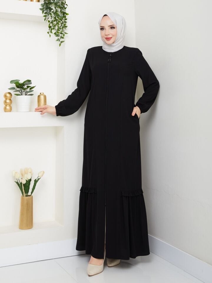 ETEĞİ PİLE DETAYLI  ÖZEL KESİM KOLLARI LASTİKLİ TAMBOY FERMUARLI YAZLIK KALİTELİ  FERACE SİYAH