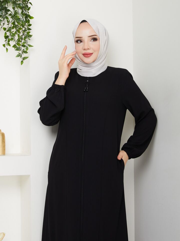 ETEĞİ PİLE DETAYLI  ÖZEL KESİM KOLLARI LASTİKLİ TAMBOY FERMUARLI YAZLIK KALİTELİ  FERACE SİYAH