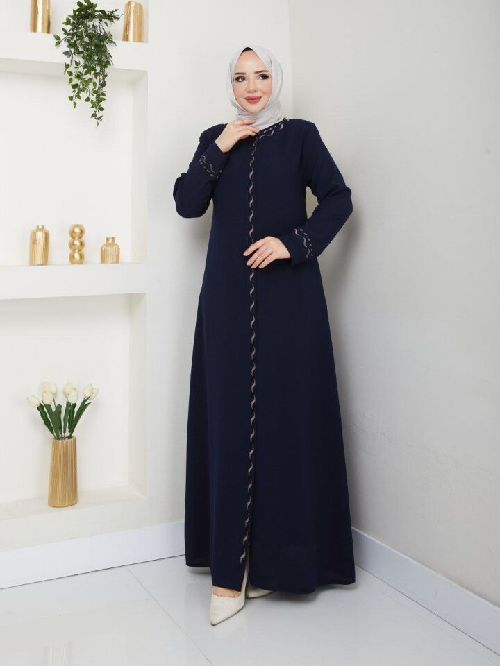 YENİ SEZON İŞLEME DETAYLI TAM BOY FERMUARLI  PETEK KUMAŞ YAZLIK ABAYA FERACE LACİVERT