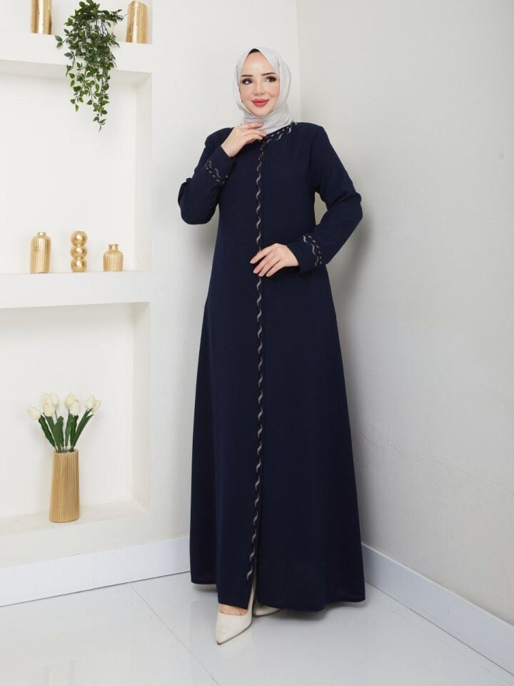 YENİ SEZON İŞLEME DETAYLI TAM BOY FERMUARLI  PETEK KUMAŞ YAZLIK ABAYA FERACE LACİVERT