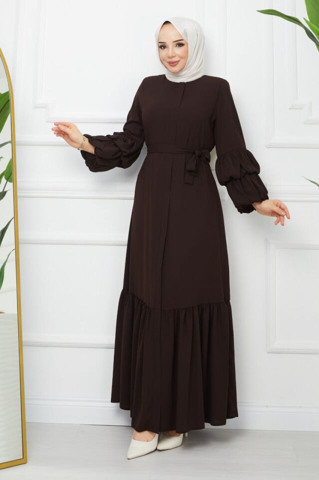 YENİ SEZON RABİA KUMAŞ  ŞIK TASARIM GENÇ FERACE ELBİSE ABAYA FERACE KAHVERENGİ