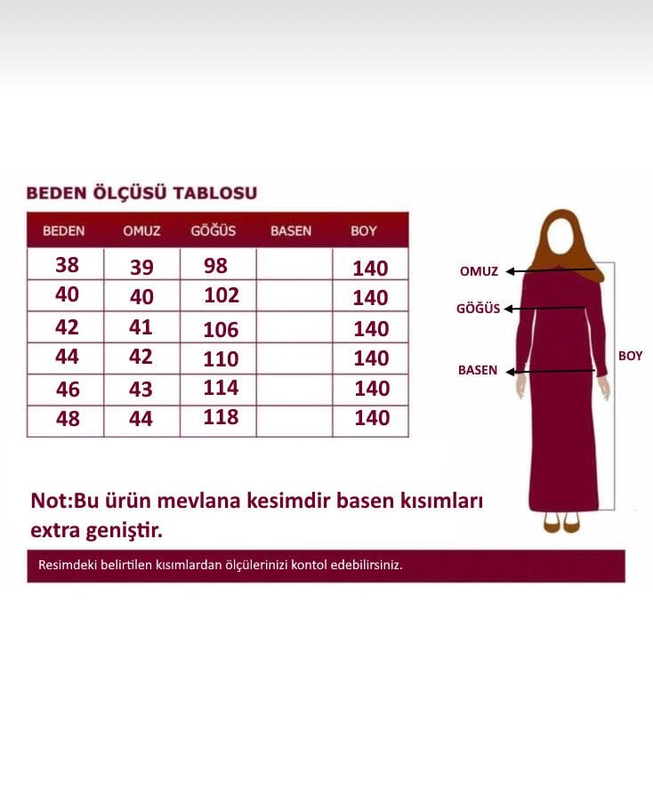 BELDEN İŞLEME DETAYLI , TAM KLOŞ MEVLANA FERACE KOLLARI LASTİKLİ İÇ GÖSTERMZ YAZLIK FERACE