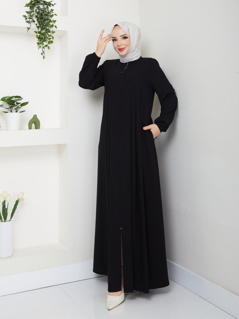 YENİ SEZON İNCE RABİA KREP KUMAŞ ÖN KISMI ROBA DETAYLI KOLLARI LASTİKLİ İÇ GÖSTERMEZ YAZLIK  FERACE SİYAH