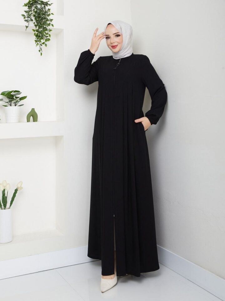 YENİ SEZON İNCE RABİA KREP KUMAŞ ÖN KISMI ROBA DETAYLI KOLLARI LASTİKLİ İÇ GÖSTERMEZ YAZLIK  FERACE SİYAH