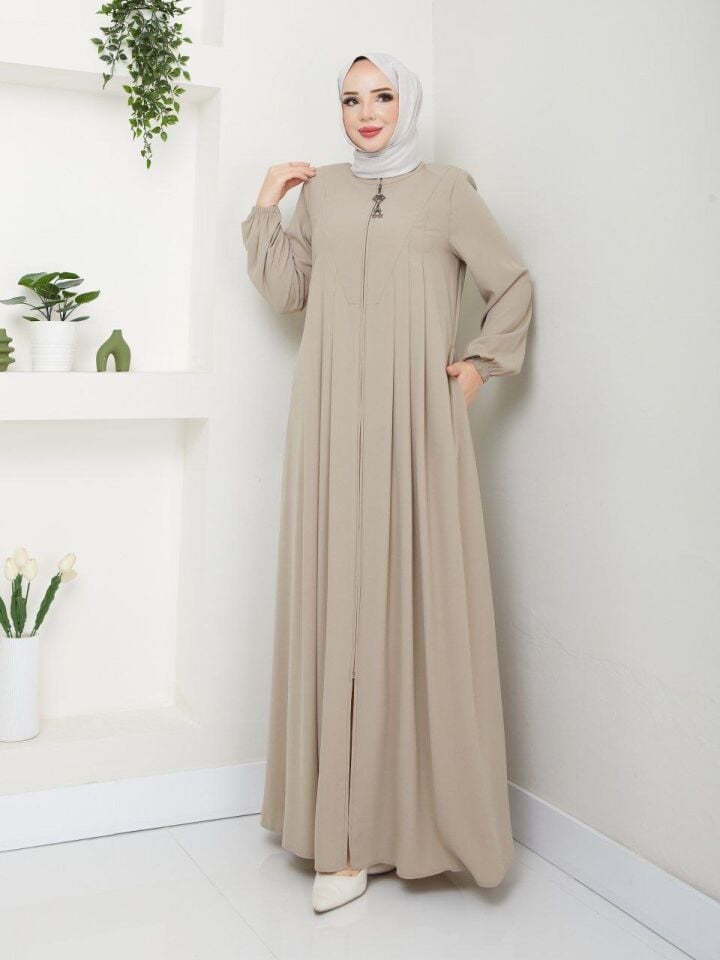 YENİ SEZON İNCE RABİA KREP KUMAŞ ÖN KISMI ROBA DETAYLI KOLLARI LASTİKLİ İÇ GÖSTERMEZ YAZLIK  FERACE BEJ