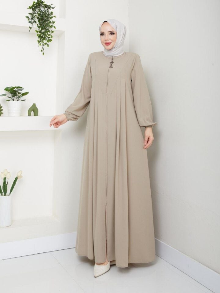 YENİ SEZON İNCE RABİA KREP KUMAŞ ÖN KISMI ROBA DETAYLI KOLLARI LASTİKLİ İÇ GÖSTERMEZ YAZLIK  FERACE BEJ