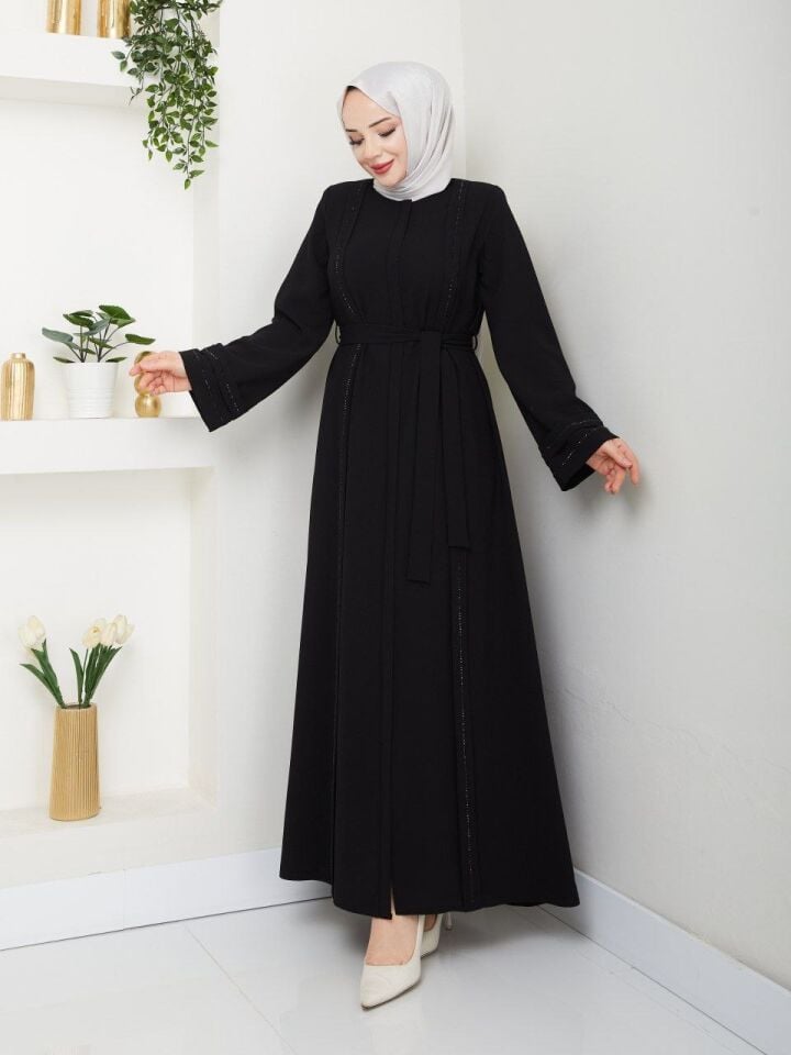 PETEK KUMAŞ ŞIK  TAŞ VE KEMER DETAYLI ŞIK ABAYA FERACE SİYAH
