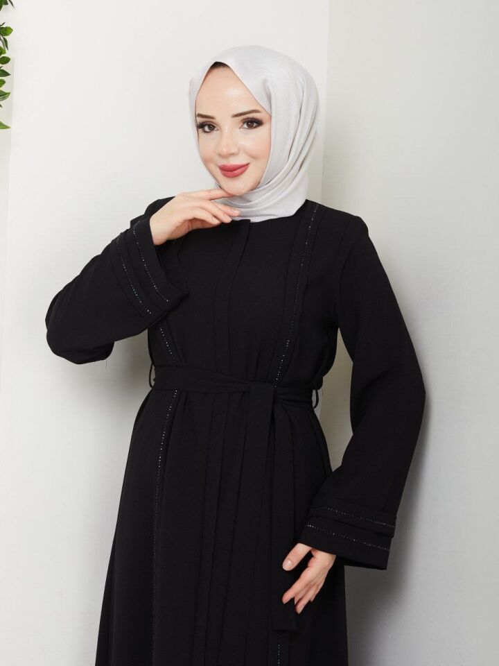 PETEK KUMAŞ ŞIK  TAŞ VE KEMER DETAYLI ŞIK ABAYA FERACE SİYAH
