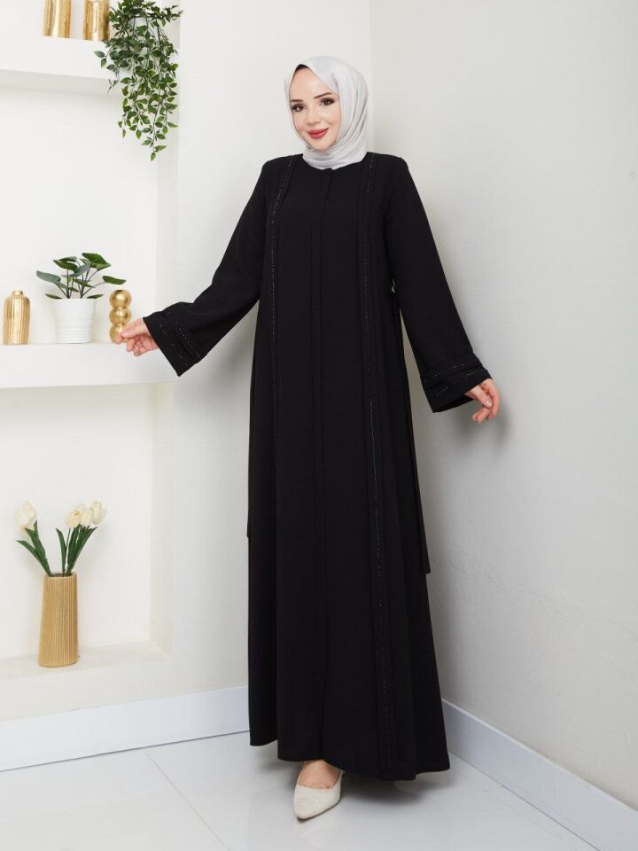 PETEK KUMAŞ ŞIK  TAŞ VE KEMER DETAYLI ŞIK ABAYA FERACE SİYAH