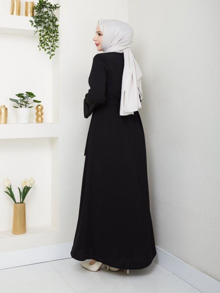 PETEK KUMAŞ ŞIK  TAŞ VE KEMER DETAYLI ŞIK ABAYA FERACE SİYAH