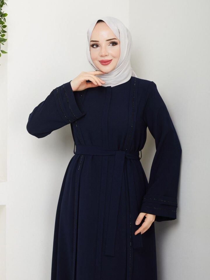 PETEK KUMAŞ ŞIK  TAŞ VE KEMER DETAYLI ŞIK ABAYA FERACE LACİVERT