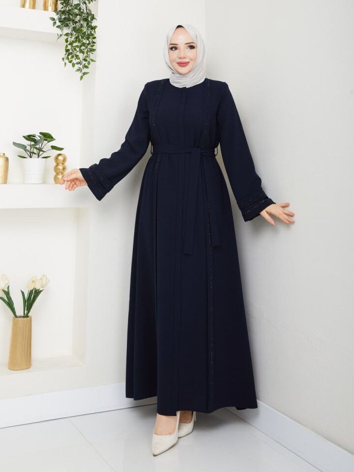 PETEK KUMAŞ ŞIK  TAŞ VE KEMER DETAYLI ŞIK ABAYA FERACE LACİVERT